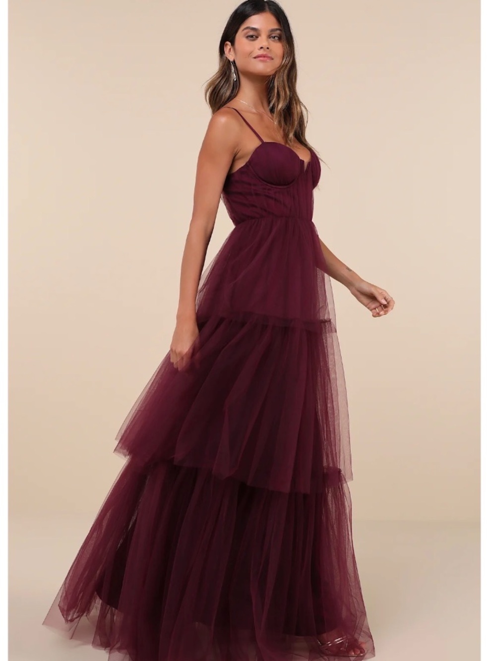 NWOT Lulus Unforgettable Poise Plum Purple Tulle Bustier Tiered Maxi Dress L - Picture 3 of 5